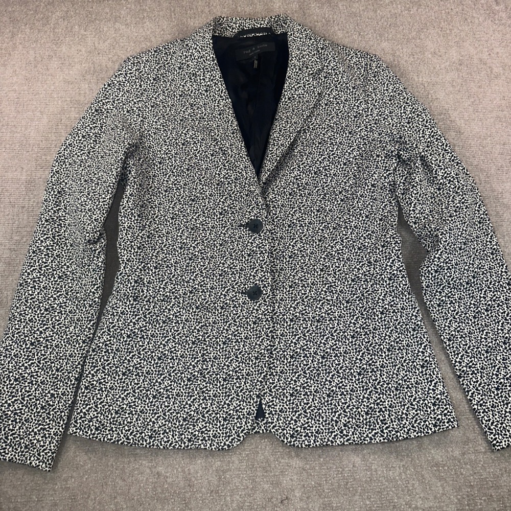 Rag & Bone New York Women 6 Black White Animal Print Cotton Blazer Jacket USA